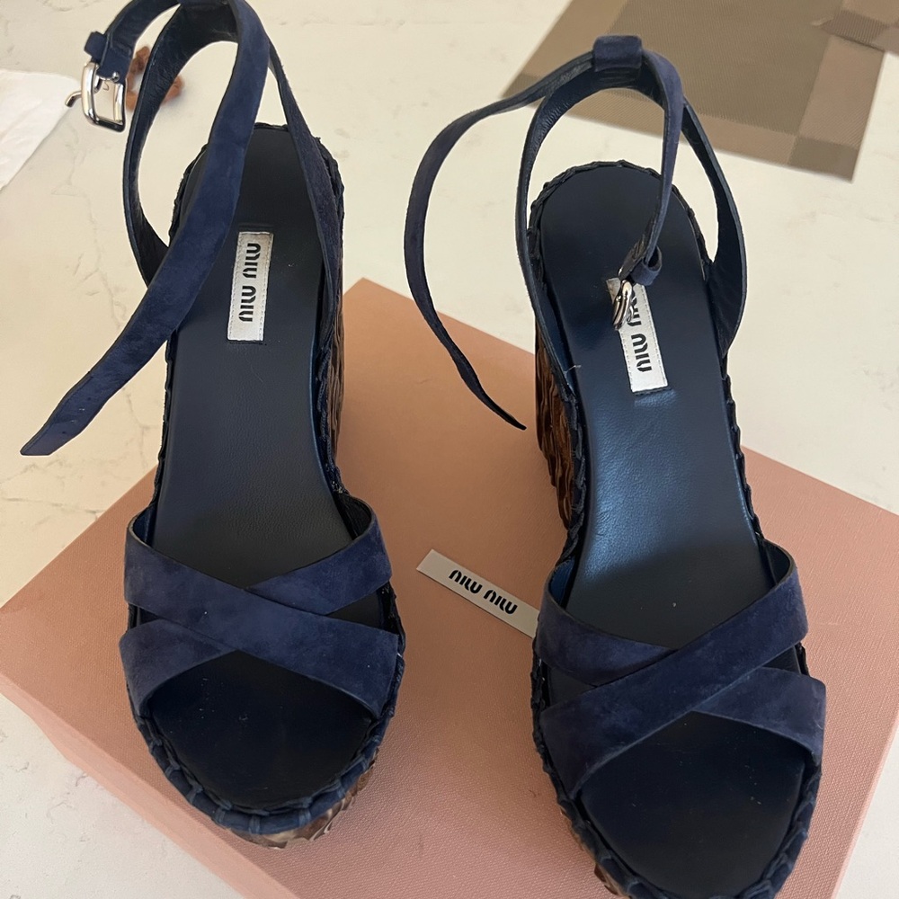 Miu Miu Blue and Brown Wedge Sandals